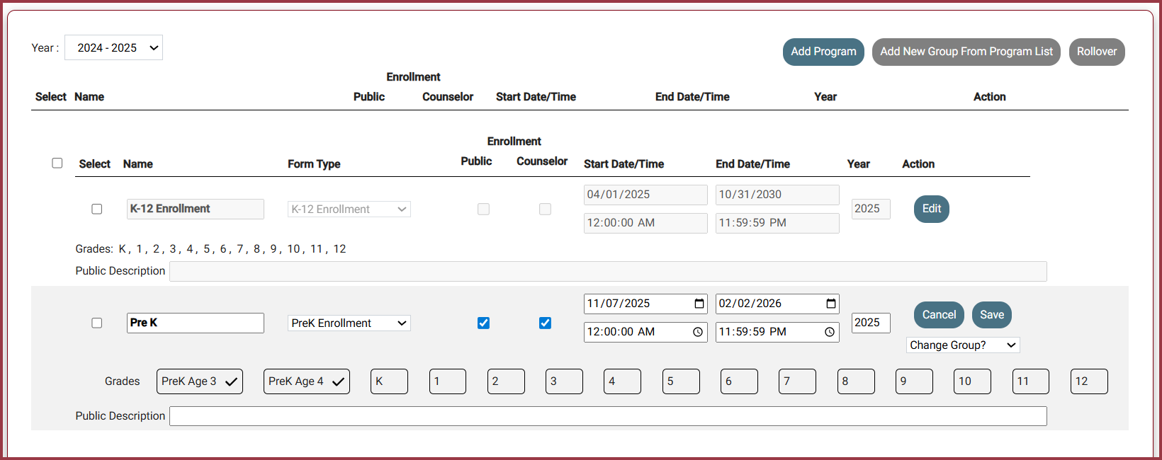 Program Management screen